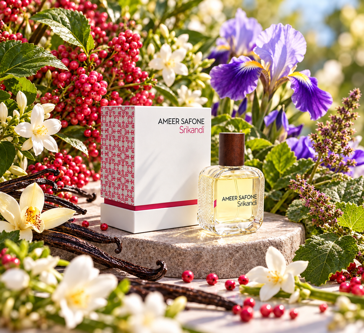A bottle of Ameer Safone Srikandi perfume with its white and red patterned box, styled on a stone pedestal among purple irises, red peppers, jasmine, and vanilla.
