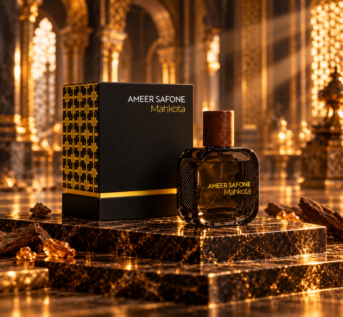 A bottle of Ameer Safone Mahkota perfume stands next to its black and gold box on a dark marble pedestal, with a luxurious golden interior background.