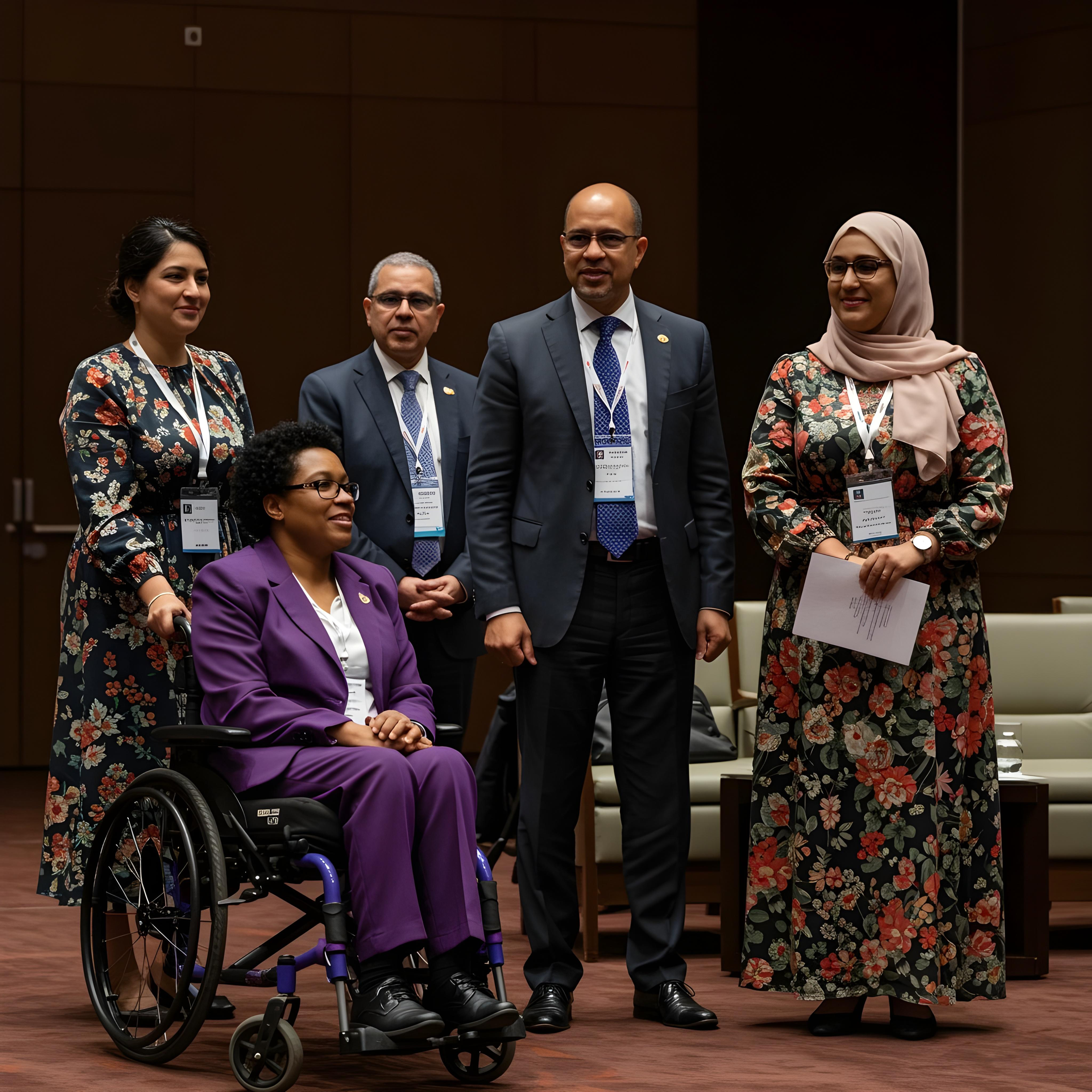 Group of people, including a woman in a wheelchair, at a formal event.
