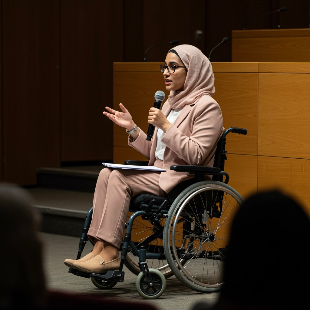 Woman in hijab using a microphone while sitting in a wheelchair on a stage.
