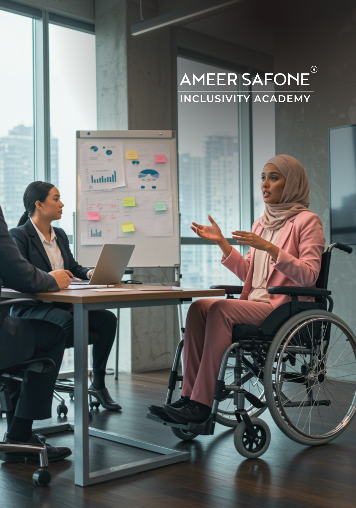 A woman in a pink suit and hijab sitting in a wheelchair gestures during a meeting, while another woman sits at a table with a laptop. A whiteboard with charts is behind them, and the text 'AMEER SAFONE INCLUSIVITY ACADEMY' appears on the right.